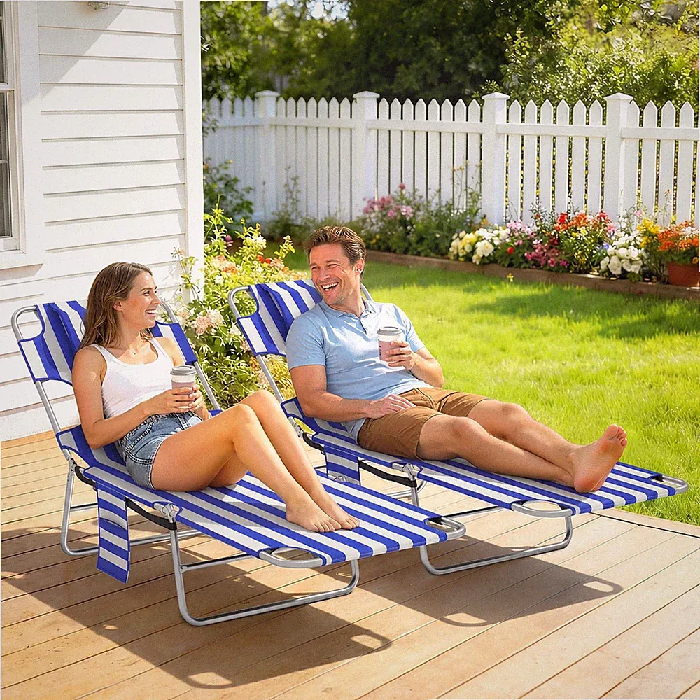 2 Tanning Chairs with Face Hole, 5-Level Adjustable Outdoor Chaise Lounge Chair