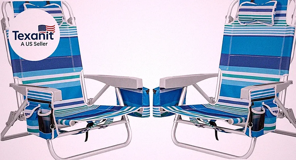 2Pk Aluminum Extra Wide 5-Position Lay Flat Folding Backpack Beach Chairs for Ad
