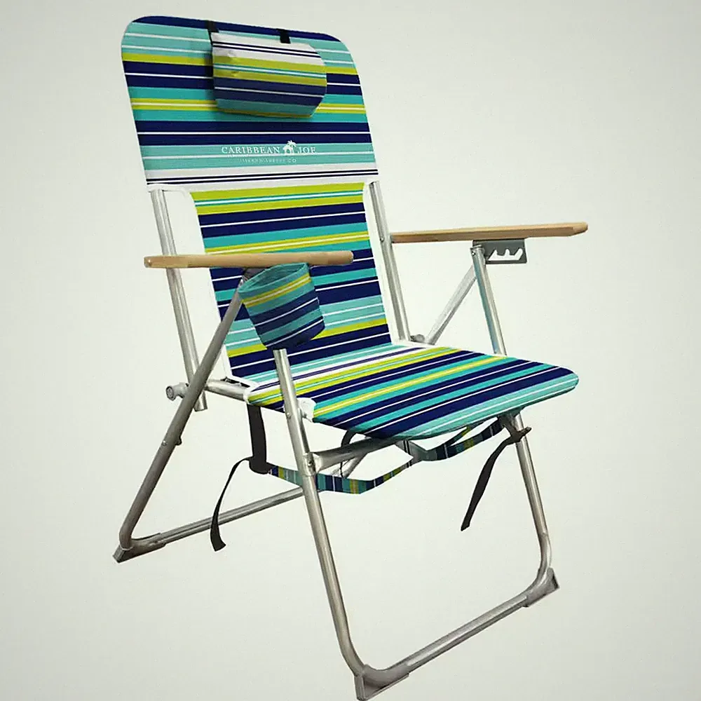 4-Position Reclining Beach Chair, Multi-Stripe, Pillow, Backpack Straps, Wood Ar