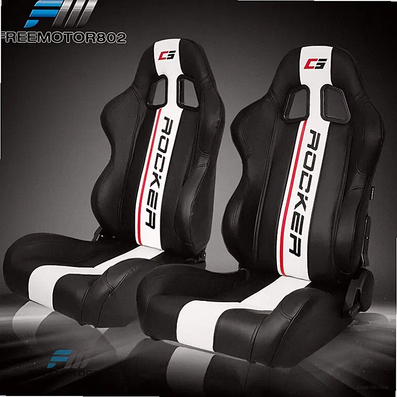 Adjustable Universal Racing Bucket Seats Black & WH PU Dual Slider x2 LH RH