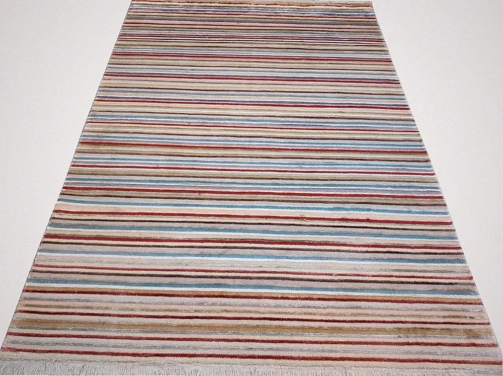 Hand Knotted Striped Wool Viscose Area Rug for Living Room Multicolour 6 x 9 ft