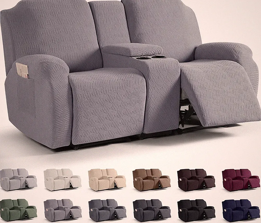 Light Gray Loveseat Recliner Covers with Console, Stripe Jacquard Protector