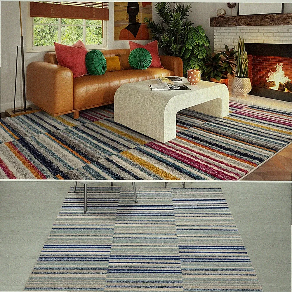 Modern Muse Striped Rug for Living Room Bedroom Carpet Short Pile Blue Multi Rug