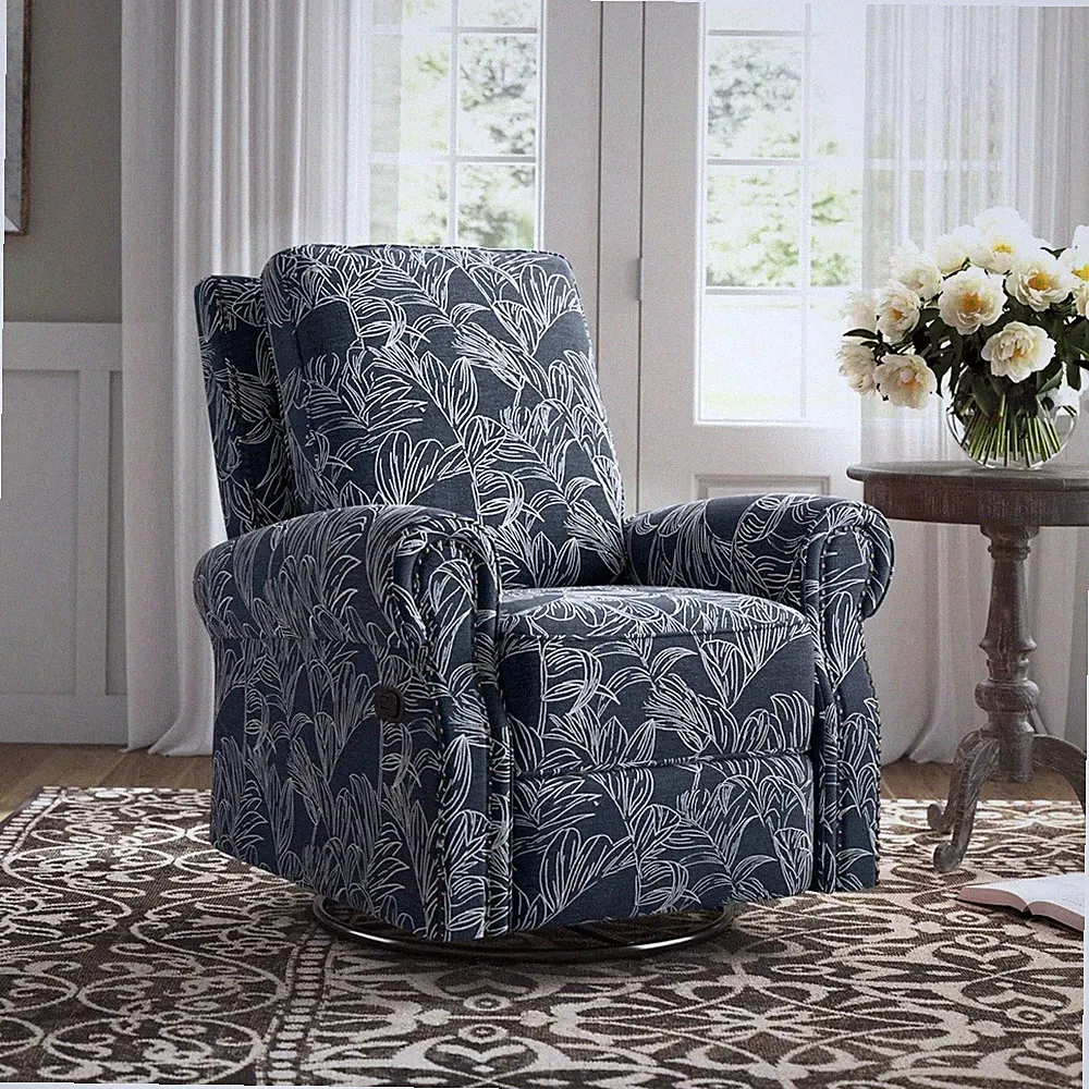 Navy Blue Print Swivel Rocker Recliner Chair Armchair Nursery Glider Recliners
