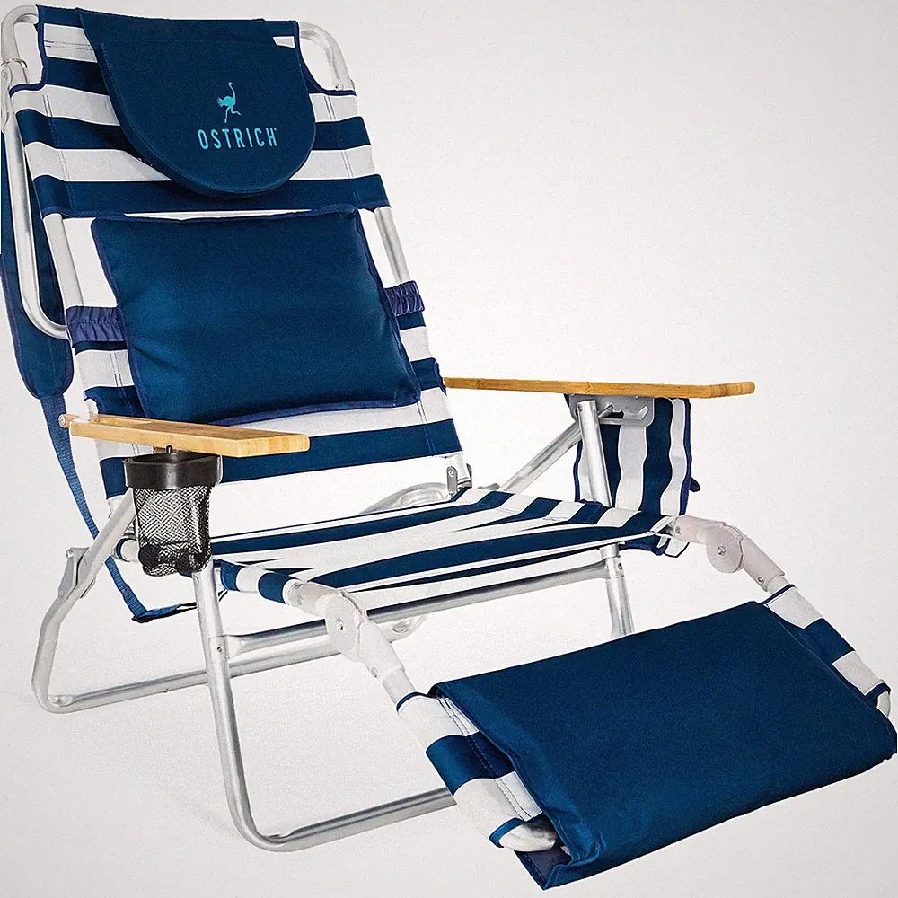 Ostrich The Deluxe 3N1 Lightweight Beach Lounge Chair w/ Footrest, Blue Stripe