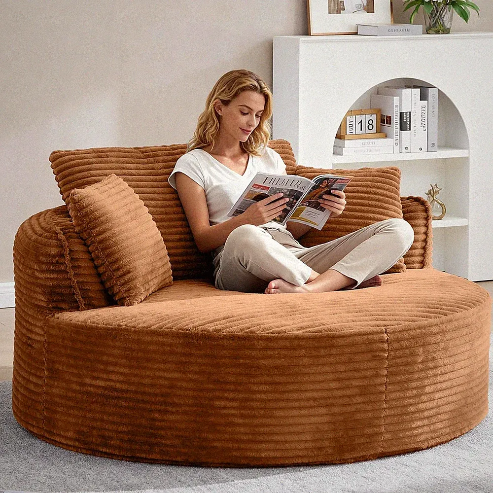 Oversized round Chair Lounge Chaise Indoor, 53.5" Upholstered Corduroy Deep Seat