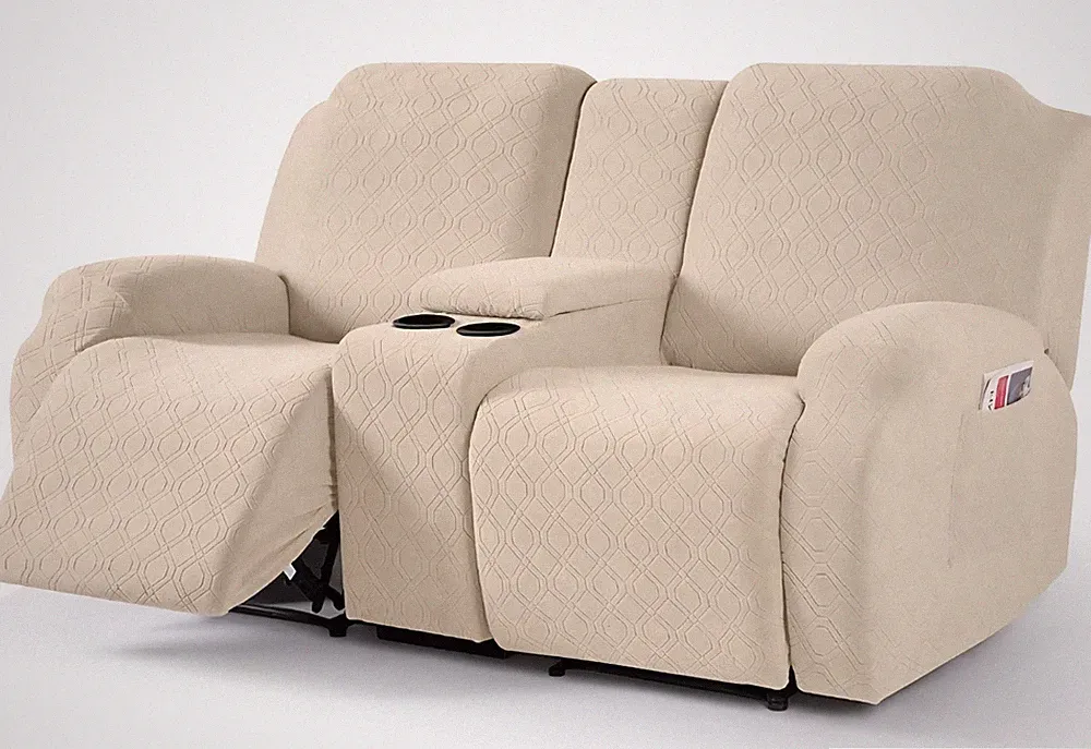 Recliner Loveseat Cover with Console 2 Seat Reclining Couch Sofa Cover,Cream