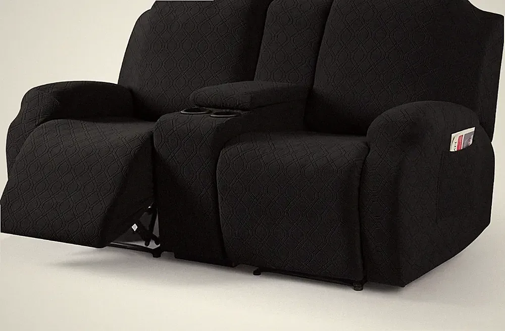 Stretch Recliner Loveseat Cover with Console - Black Jacquard Sofa Protector