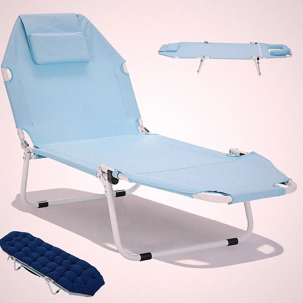 Tanning Chair,Foldable Beach Lounge Chair with Face Hole Mattress Reclining Back