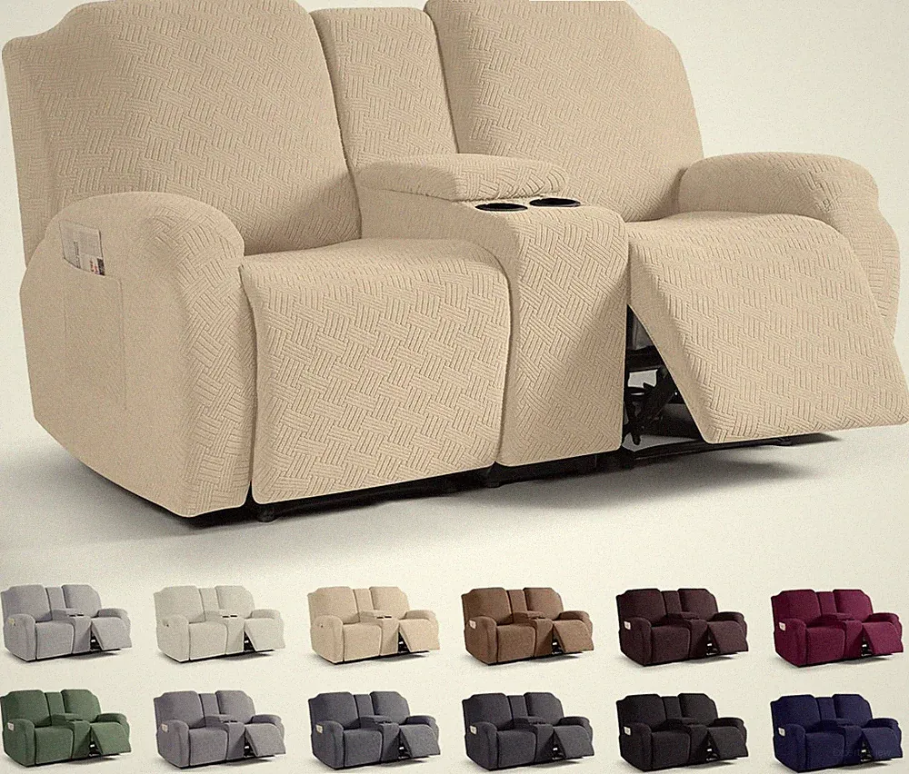 Vanilla Loveseat Recliner Cover with Console, Stripe Jacquard Protector for Pets