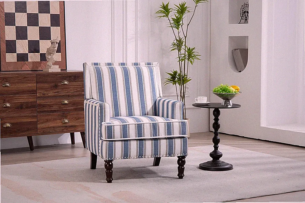 Vintage Striped Accent Chair with Nailhead Trim, Upholstered Lounge Armchair for